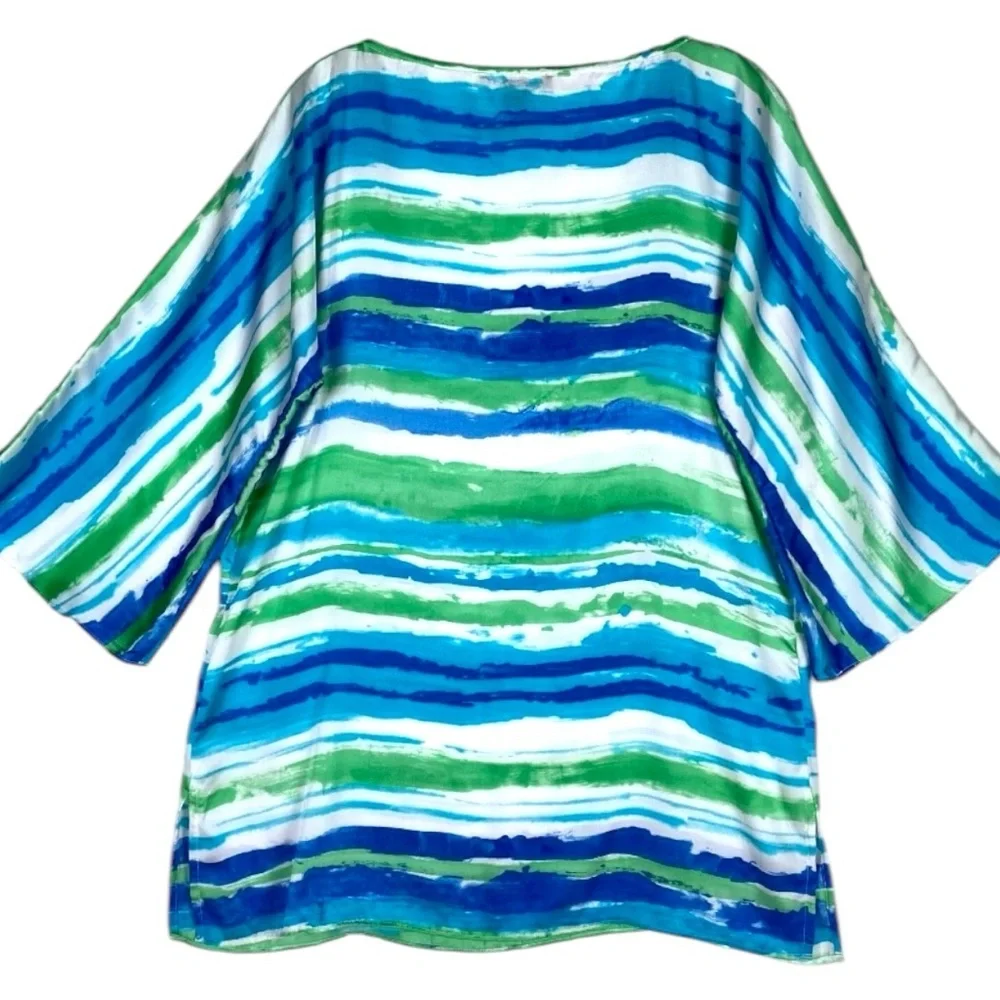 LRL Lauren Ralph Lauren Size M Watercolor Striped 3/4 Bell Sleeve Polyester Top - Picture 3 of 5